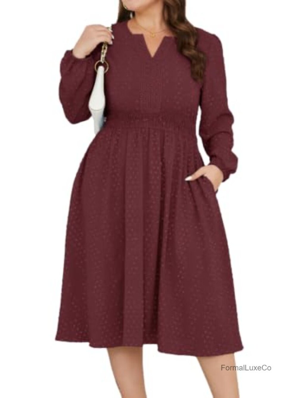 Plus Size Swiss Dot Midi Dress Long Sleeve Smocked Lace V-Neck